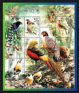 Китай _, 2008, Птицы, Фазан, Сойка, лист